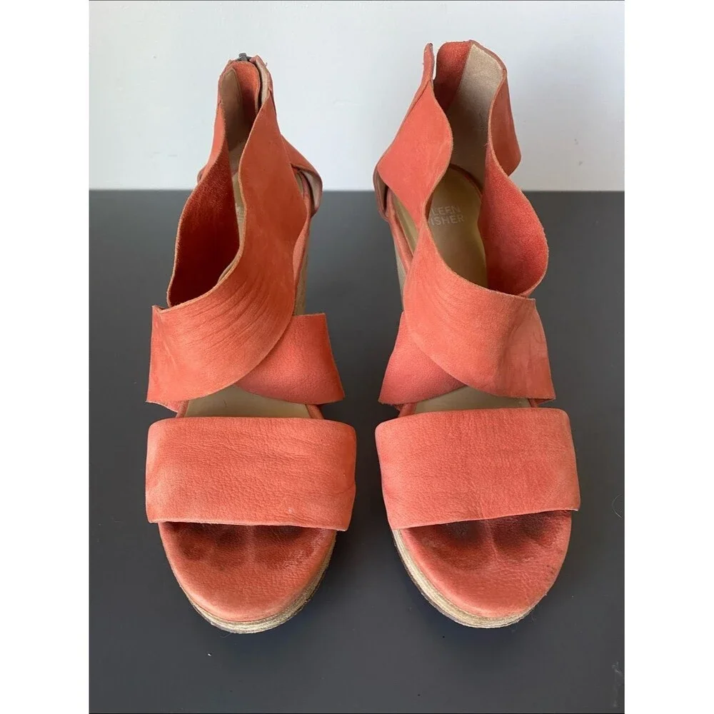 Eileen Fisher Ellis Sandal Coral Suede Wedge Sz 9.5 Coastal Euro Summer Vacation